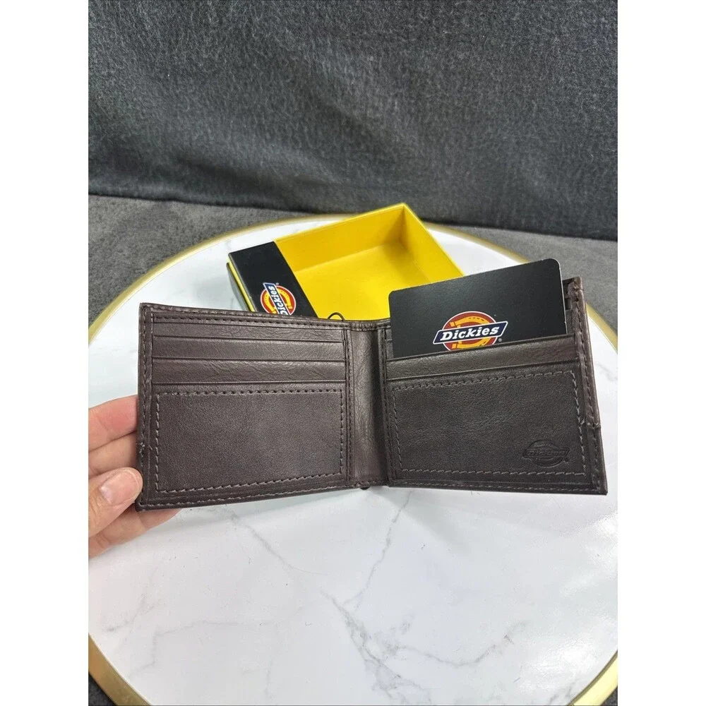 Dickies Men’s Brown Leather Bifold Wallet Textured Stitching Logo Slim Gift Box